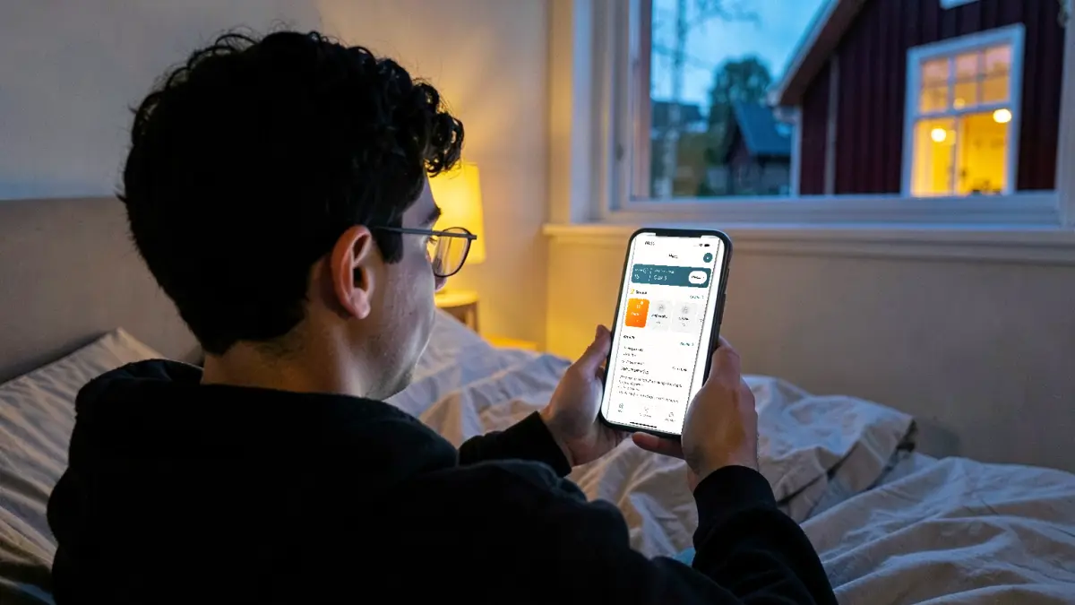 AI-genererad bild: Sam ligger på sängen och läser Källans flöde i Hajpa. Mobilen visar Hem, med hans hajps, badges och det senaste från Källan.
