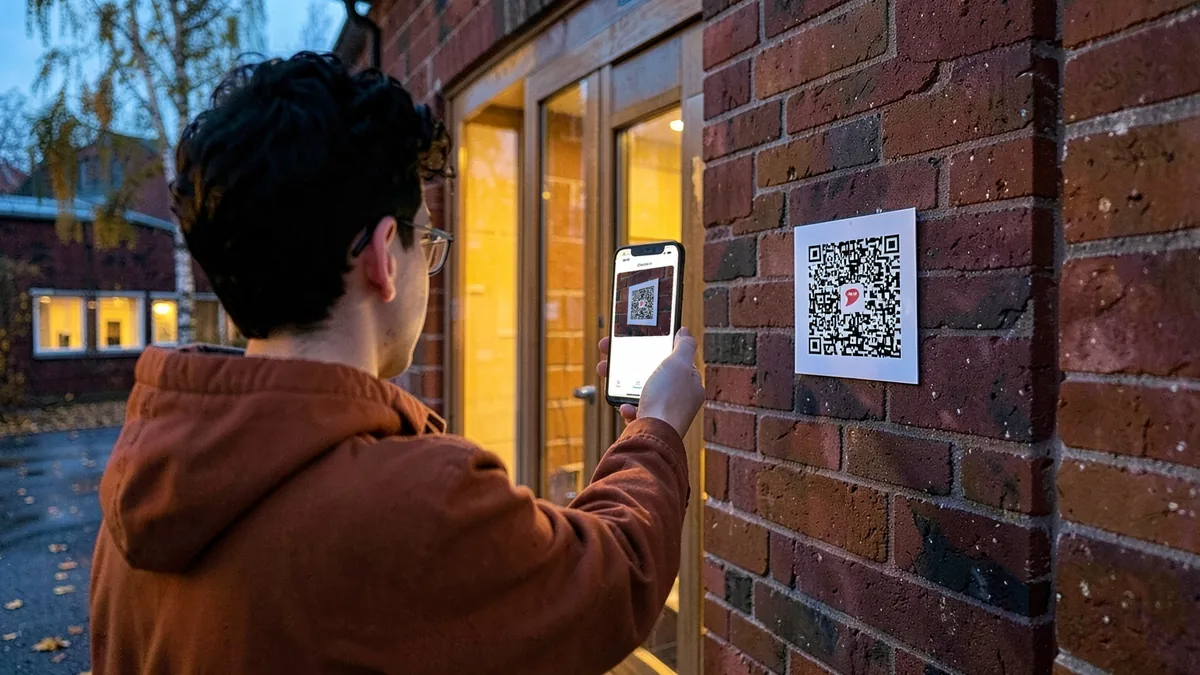 AI-genererad bild: Sam skannar QR-koden vid Källans glasdörr. Mobilen visar Checka in, med kameran riktad mot QR-koden som har Hajpas logga i mitten.