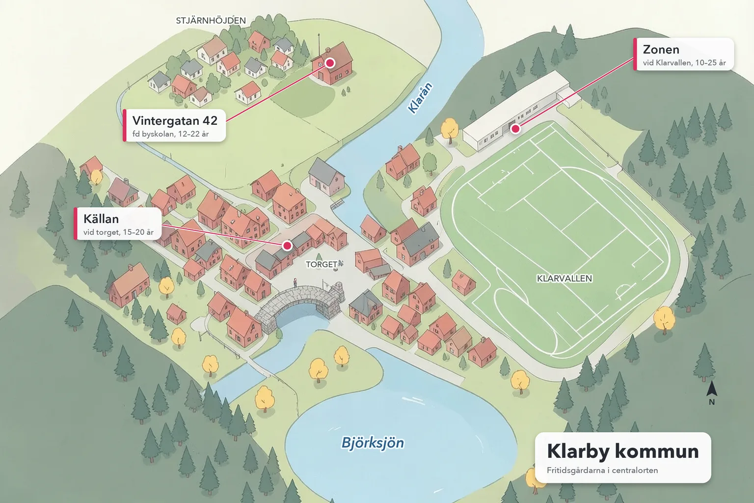 Illustrerad karta över Klarby med de tre mötesplatserna Källan, Zonen och Vintergatan 42.