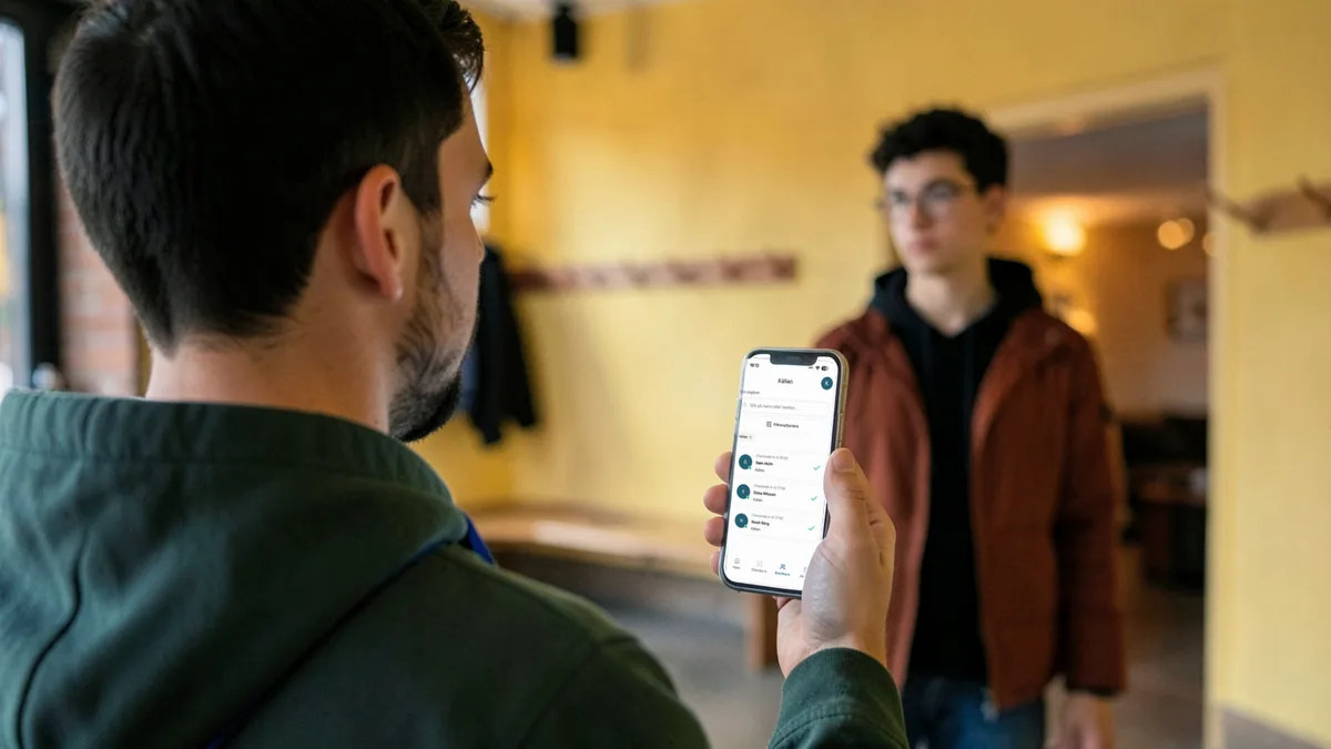 AI-genererad bild: Kim håller mobilen i Källans hall medan Sam kommer in. Mobilen visar vilka som är på Källan: Sam Holm, Ebba Nilsson och Noah Berg är incheckade.