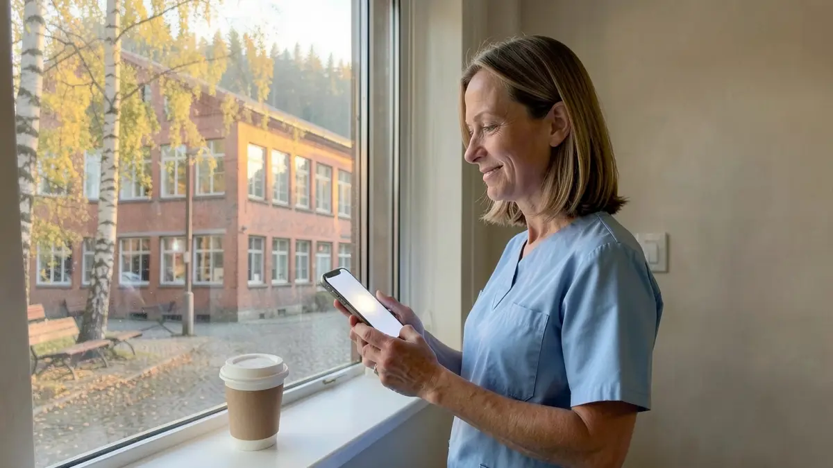AI-genererad bild: Lena tittar i mobilen vid ett fönster på rasten. Skärmen går inte att läsa i bilden.