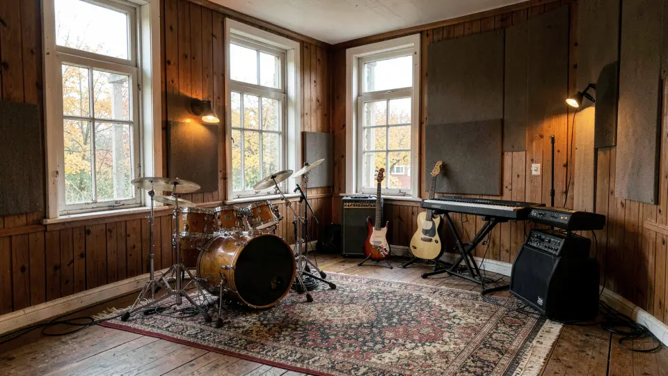 AI-genererad bild av musikstudion på Vintergatan 42, med trummor, gitarrer och keyboard.