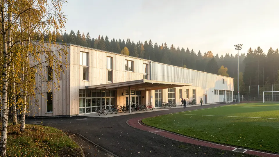 AI-genererad bild av Zonen utifrån: en ljus byggnad i trä och plåt bredvid en idrottsplats.