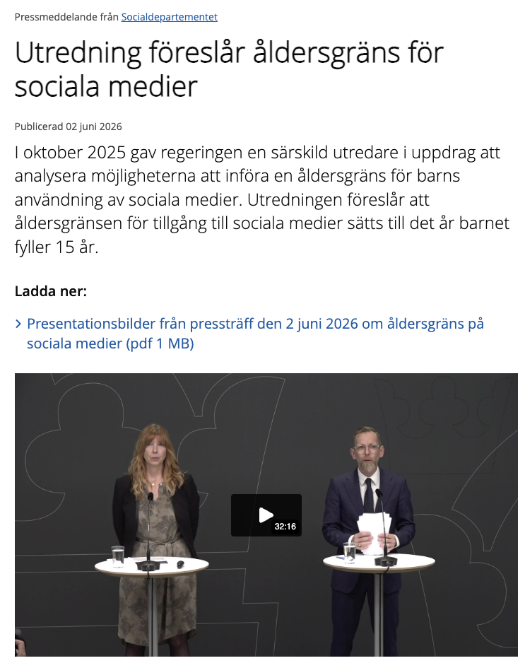 Pressbild: regeringens utredning föreslår en åldersgräns för sociala medier i Sverige