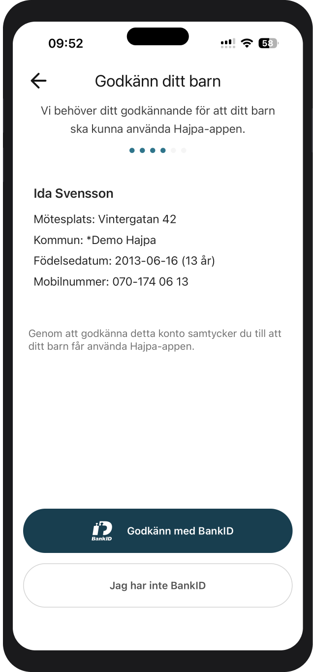 Skärm: godkänn barnet med BankID