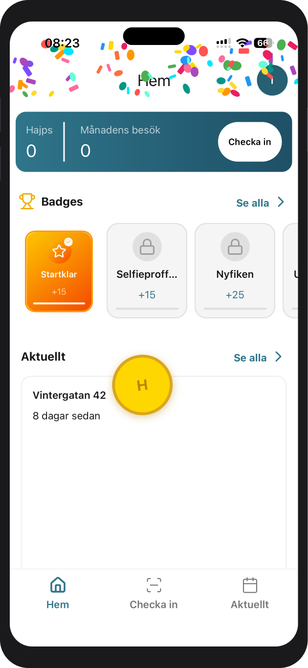 Skärm: hemvy med poäng, besök och badges
