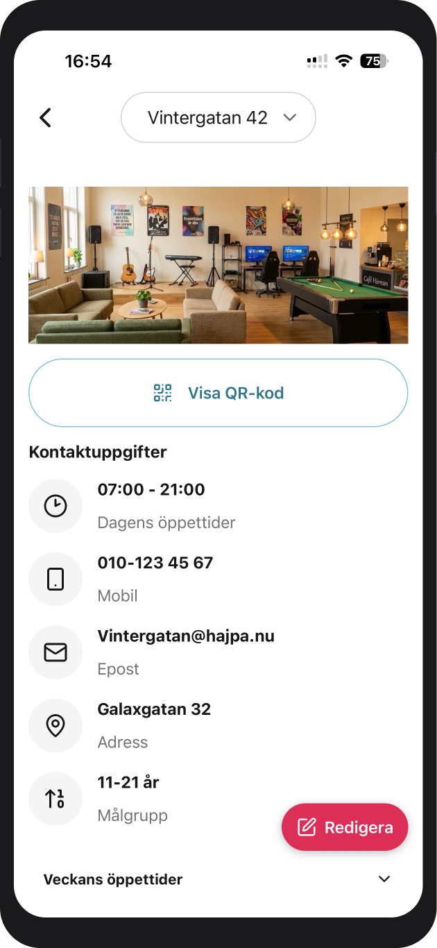 Skärm: mötesplatsens sida med QR-kod