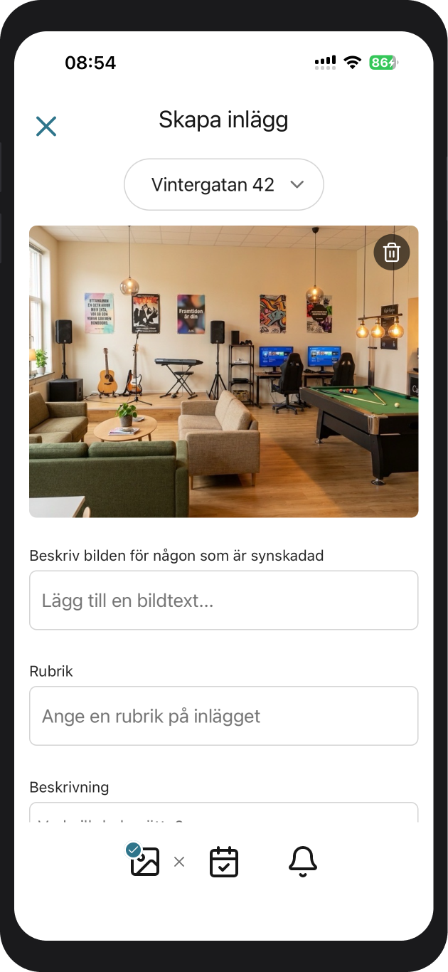 Skärm: skapa inlägg med bild och text