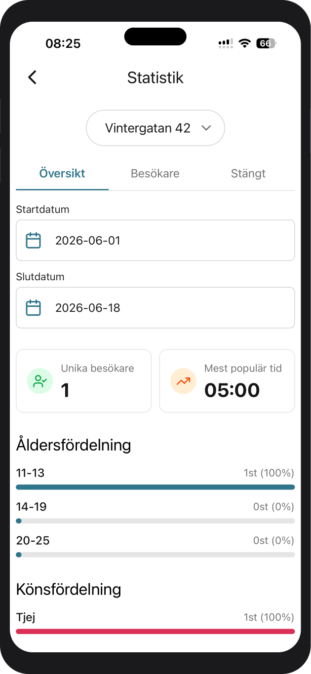 Skärm: statistik med besökare och fördelning