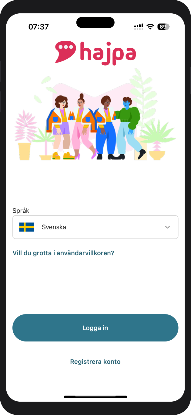 Startskärm: välj språk, logga in eller registrera konto
