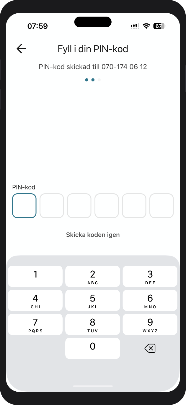 Skärm: fyll i koden från SMS