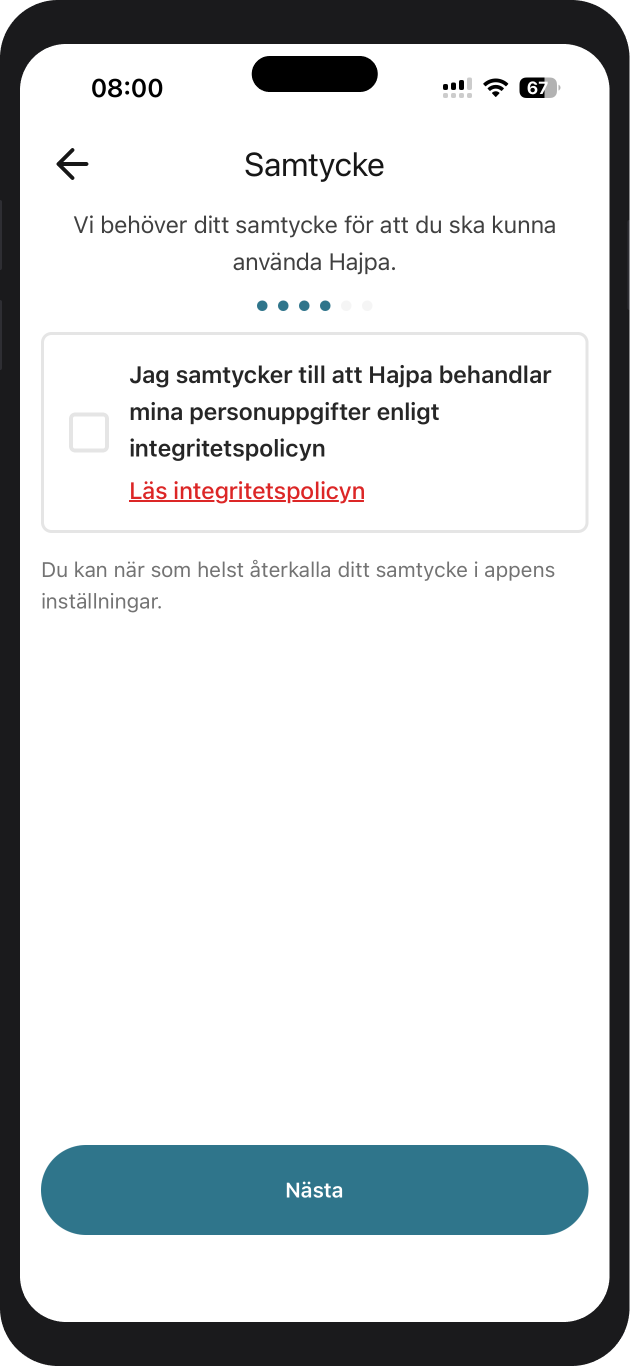 Skärm: samtycke till behandling av personuppgifter