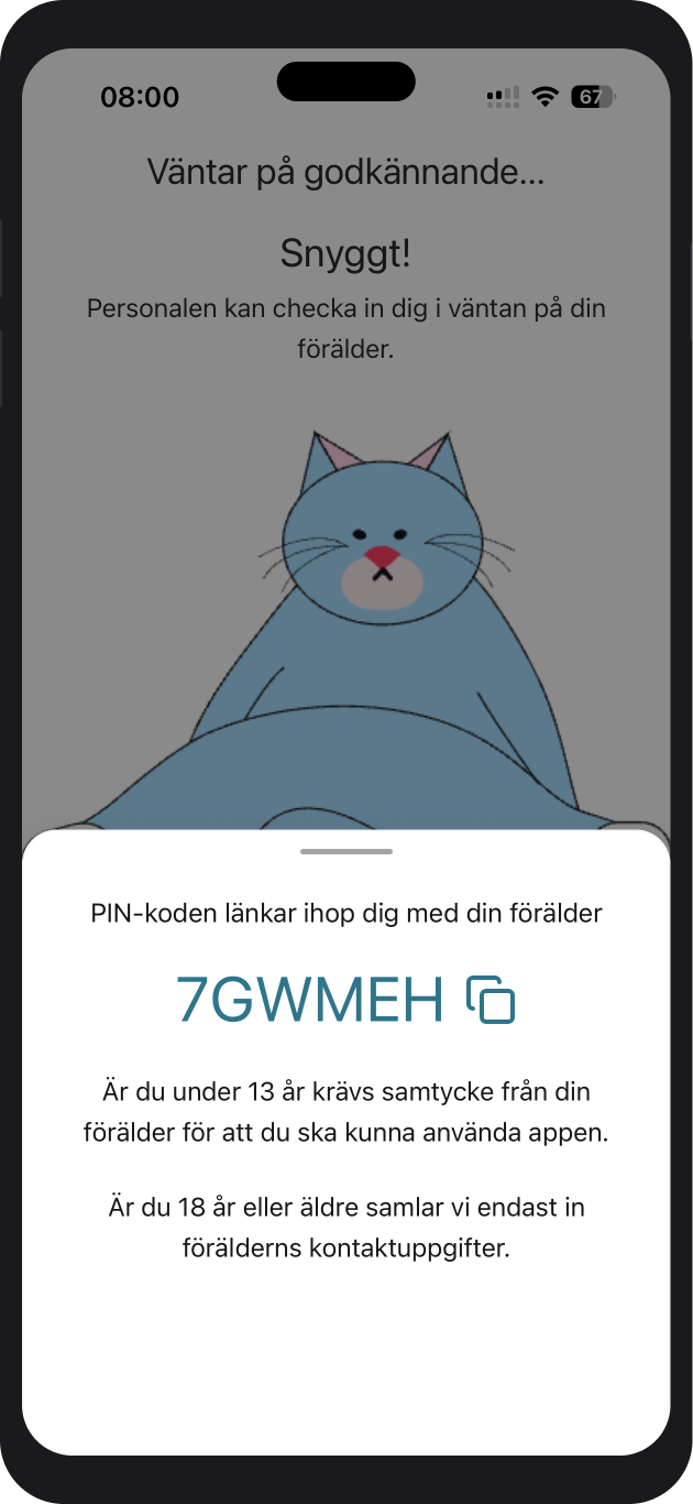Skärm: väntar på godkännande, PIN-kod länkar ihop med förälder